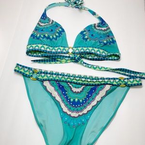 Victorias Secret Paisley Bikini Halter Aqua Purple Blue Yellow Enamel Rings